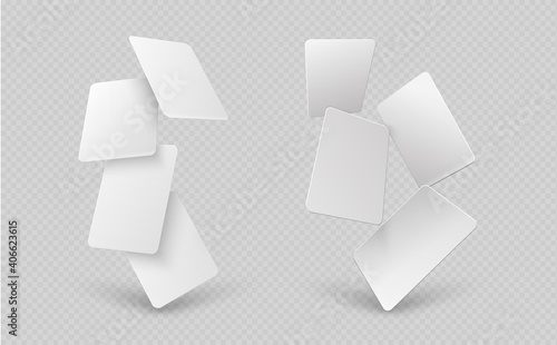Falling paper cards. White business card, 3d mock up empty gift vouchers. Blank flying identity banners, realistic sheets vector templates. Card paper to business, realistic cards empty illustration
