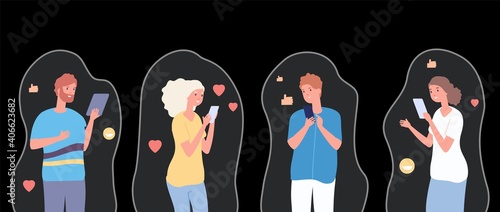 New technologies passion. Gadget addiction, people using smartphones. Social loneliness, modern chatting concept. No life without phones vector metaphor. Illustration gadget social addiction