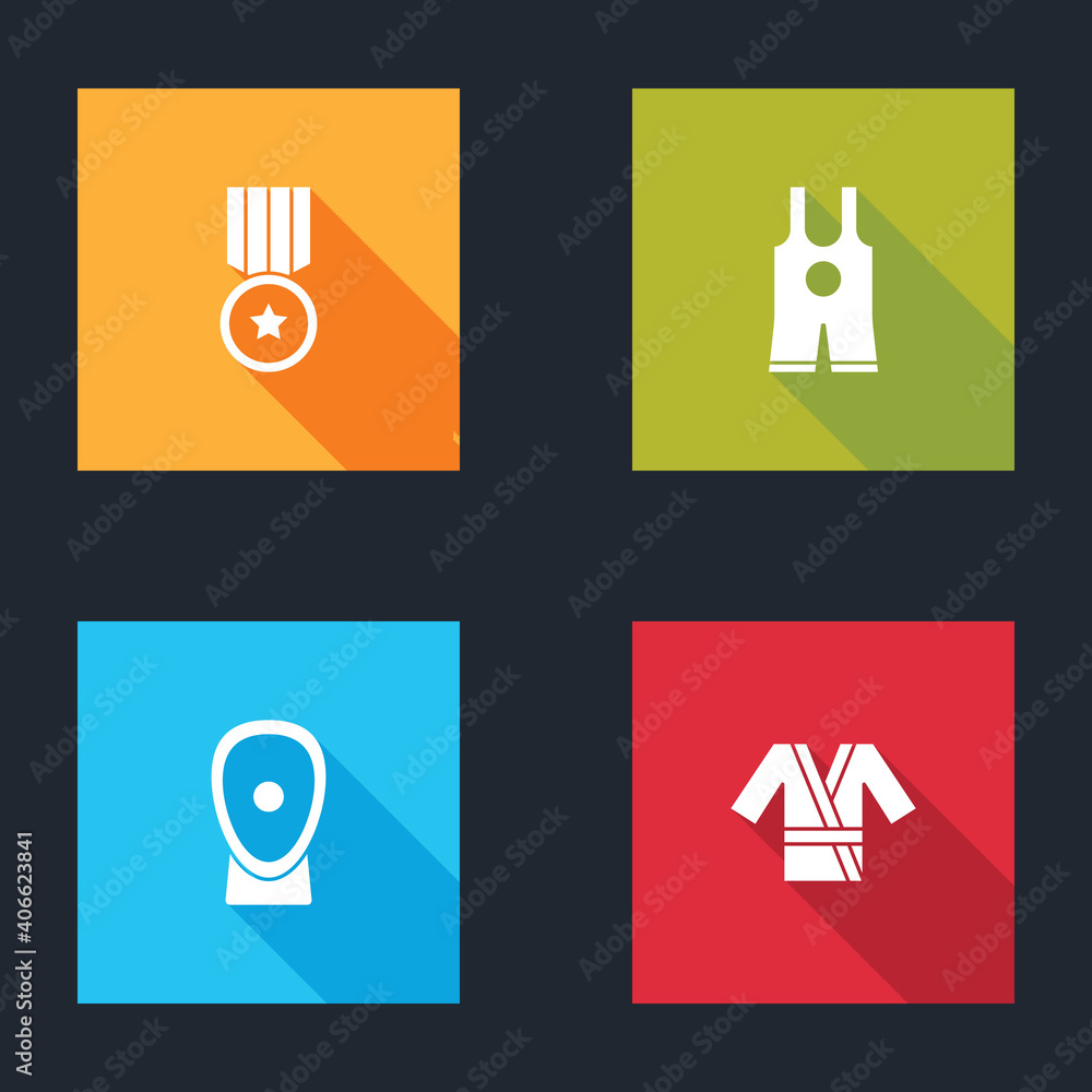 Set Medal, Wrestling singlet, Boxing training paws and Japanese costume Kimono icon. Vector. Set Medal, Wrestling singlet, Boxing training paws and Japanese costume Kimono icon. Vector.