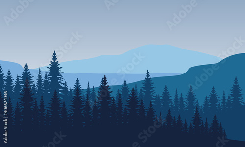 Nice scenic trees and mountains in the morning. Vector illustration