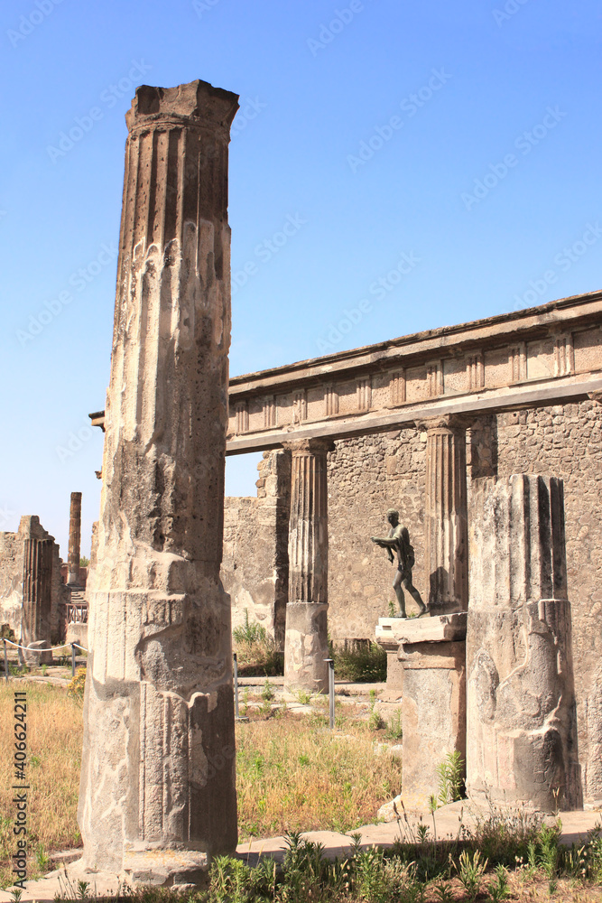 Ancient columns in ruins of Apollo Temple, Pompeii, Naples, Italy