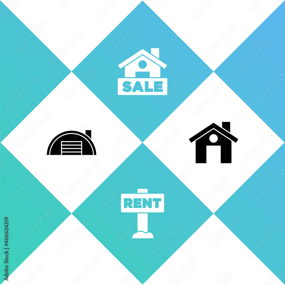 Set Warehouse, Hanging sign with Rent, Sale and House icon. Vector. Set Warehouse, Hanging sign with Rent, Sale and House icon. Vector.