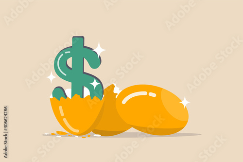 Growth or value stocks investment, earning or dividends from stock market metaphor or profit and return from investment asset concept, shiny golden eggs with one hatched as US dollar money sign.