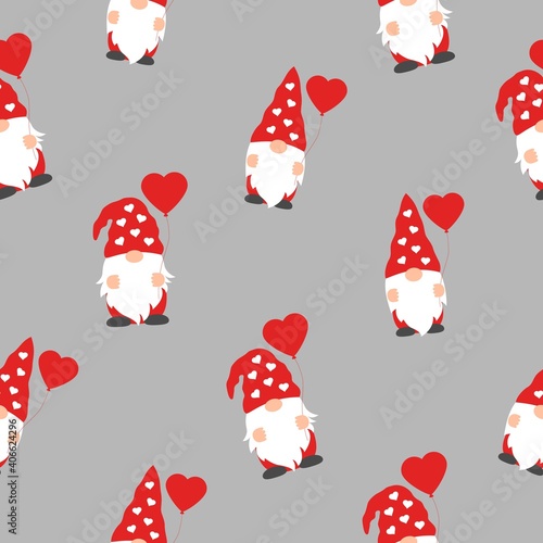 Valentines day seamless pattern with cute gnomes and red hearts on grey background