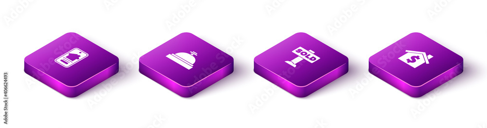 Set Isometric Online real estate house, Hotel service bell, Hanging sign with text Sold and House dollar symbol icon. Vector. Set Isometric Online real estate house, Hotel service bell, Hanging sign with text Sold and House dollar symbol icon. Vector.