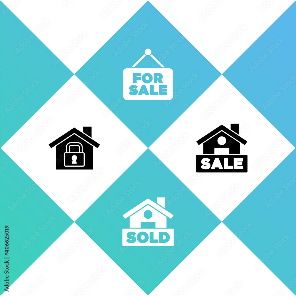Set House under protection, Hanging sign with text Sold, For Sale and icon. Vector. Set House under protection, Hanging sign with text Sold, For Sale and icon. Vector.