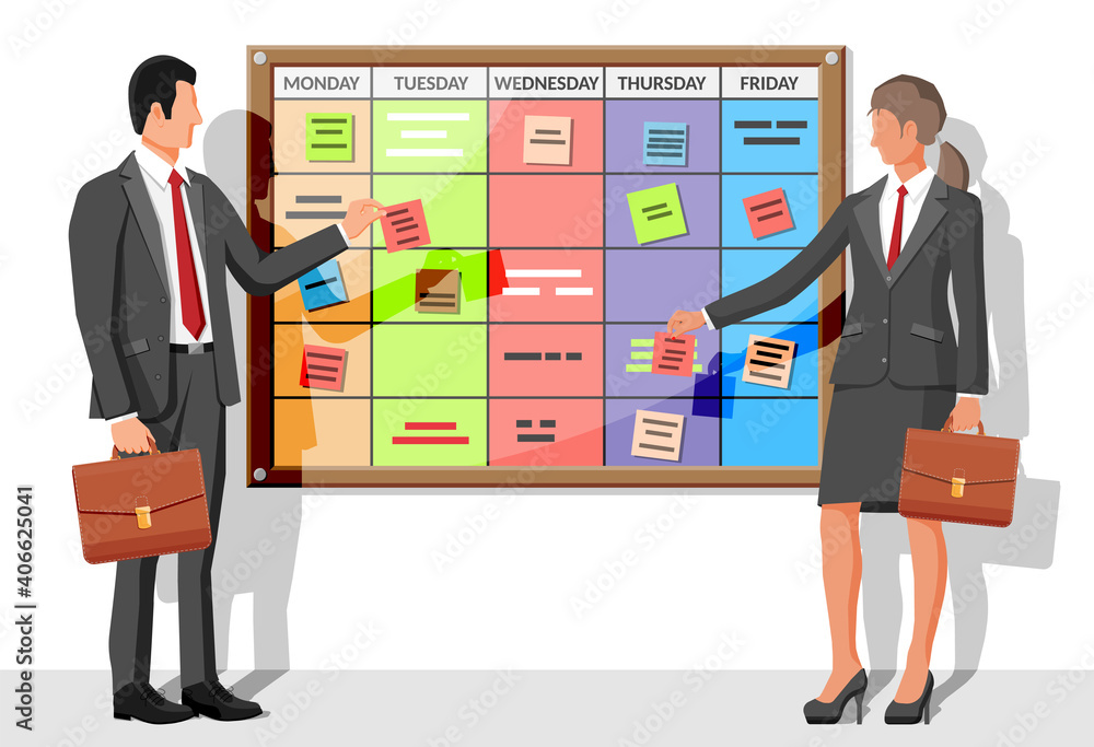 Scrum agile board, business people. Bulletin board hanging on wall full ...