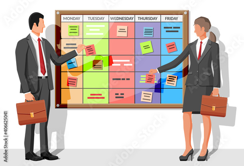 Scrum agile board, business people. Bulletin board hanging on wall full of tasks on sticky note cards. List of event for employee. Development, team work, agenda, to do list. Flat vector illustration
