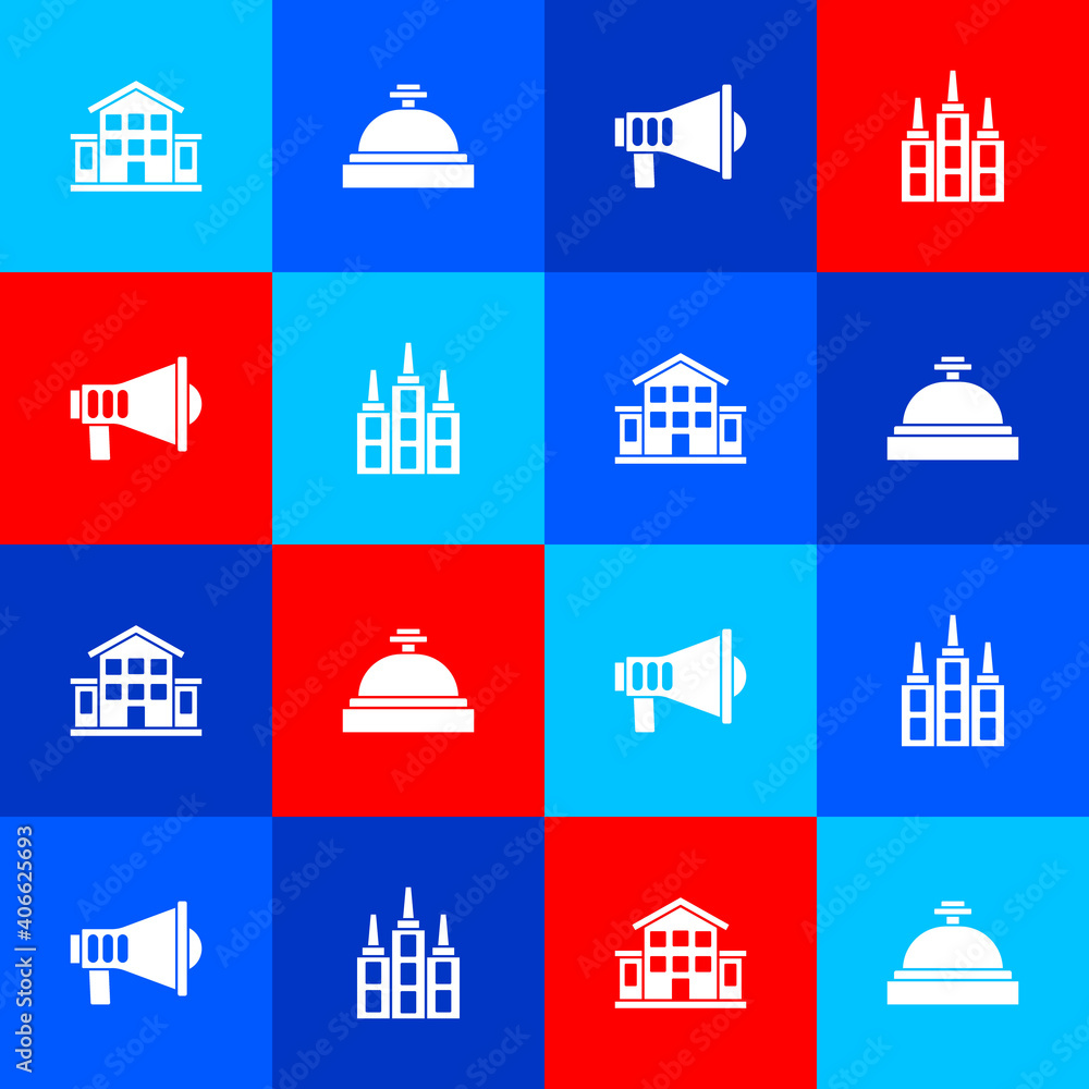 Set House, Hotel service bell, Megaphone and Skyscraper icon. Vector.