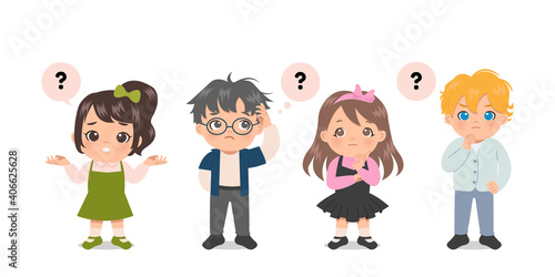 Various cute boy and girl are in doubt, pensive, thoughtful, thinking, confused, brainstorming. Question mark. Flat vector design.