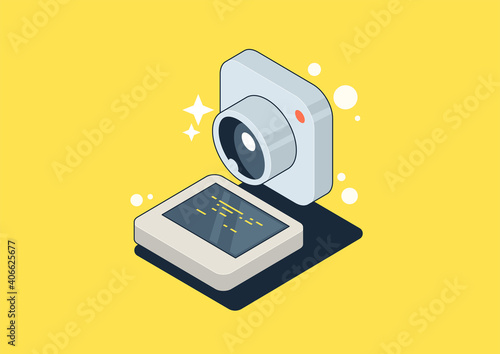 Social network photo frame. 3d isometry Mobile, photo gallery app concept.