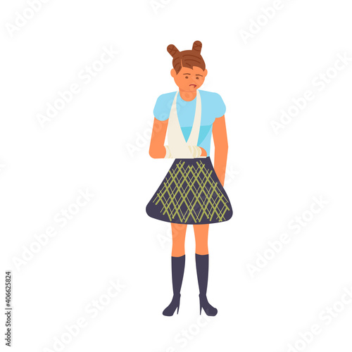 Injured woman with broken hand standing. Disabled character with cast hand. Flat Art Vector Illustration