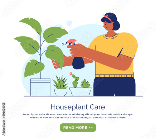 Houseplant care. Woman cultivate of indoor plants. Vector banner.