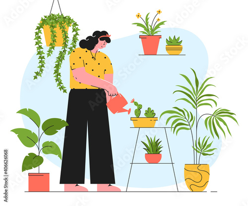 Houseplant care concept. Woman cultivate of indoor plants. Vector illustration.