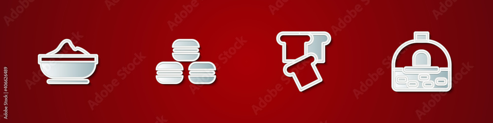 Set Flour bowl, Macaron cookie, Bread toast and Brick stove icon. Vector. Set Flour bowl, Macaron cookie, Bread toast and Brick stove icon. Vector.