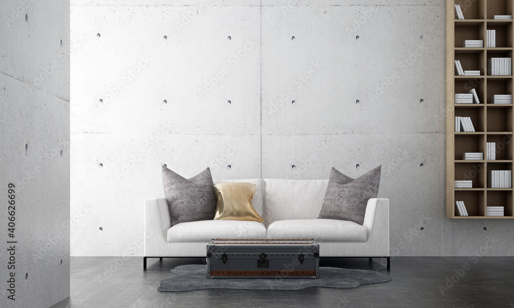 Minimal living room interior mock up, white sofa on empty concrete wall background, Scandinavian style, 3d render  - obrazy, fototapety, plakaty 