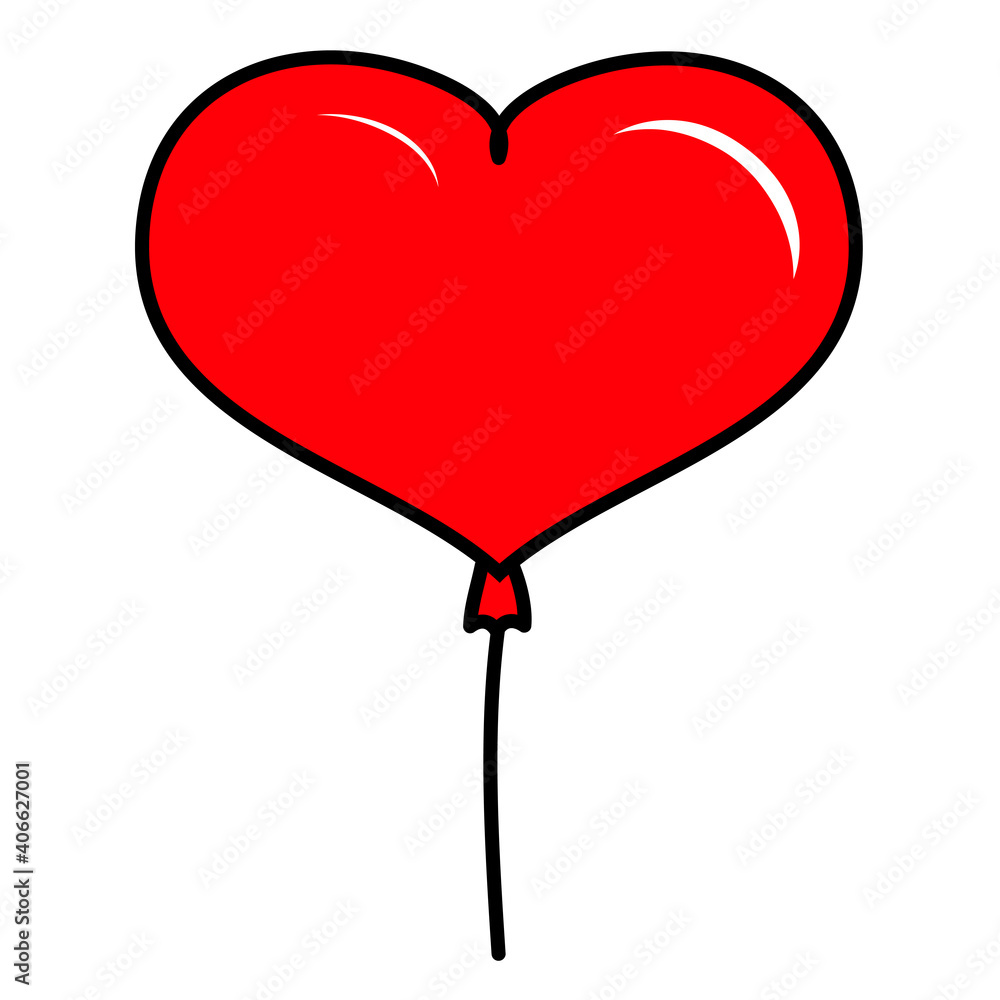 Inflatable balloon doodle clipart, red balloon on a string, valentines day symbol, hand drawn flat vector