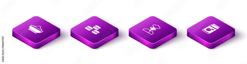 Set Isometric Flour bowl, Macaron cookie, Cook and Jam jar icon. Vector. Set Isometric Flour bowl, Macaron cookie, Cook and Jam jar icon. Vector.