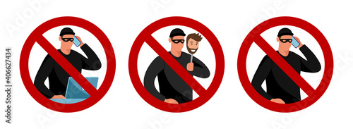 Scammers and prohibition sign. Conceptual flat vector illustration. Cybercrime warning, fishing, phone trickery and computer extortion. Graphic design set isolated on white background. photo