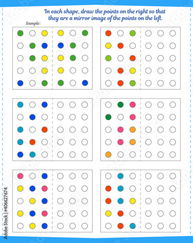  Logic game for children. Tutorial: In each pattern, color the dots on the right to mirror the dots on the left.