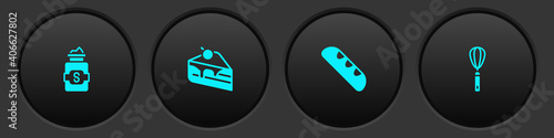 Set Jar of sugar, Piece cake, French baguette bread and Kitchen whisk icon. Vector.