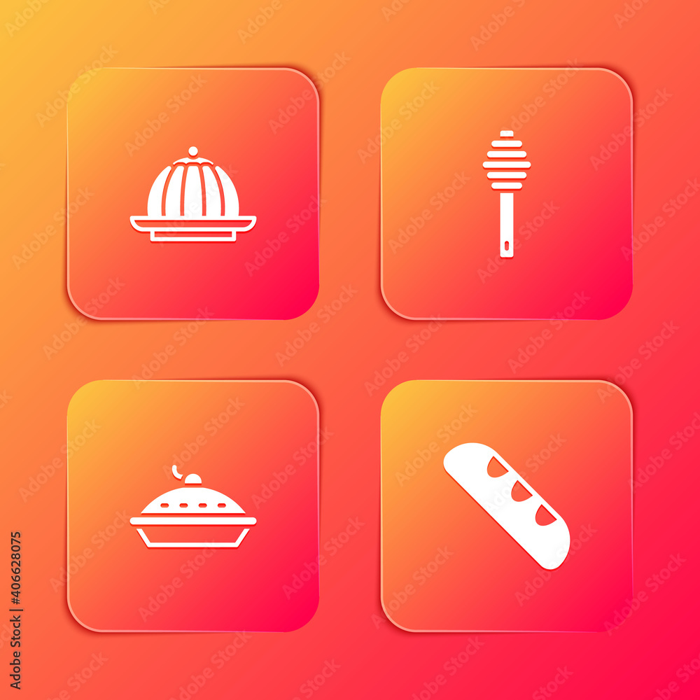 Set Pudding custard, Honey dipper stick, Homemade pie and French baguette bread icon. Vector. Set Pudding custard, Honey dipper stick, Homemade pie and French baguette bread icon. Vector.