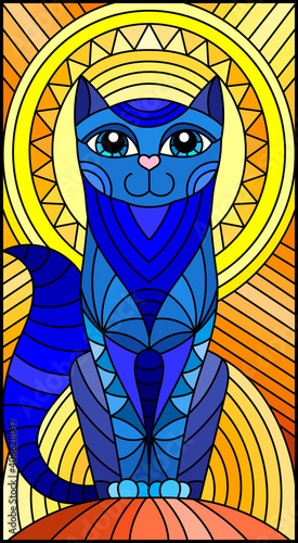 Illustration in stained glass style with abstract geometric blue cat and the sun on an abstract orange background
