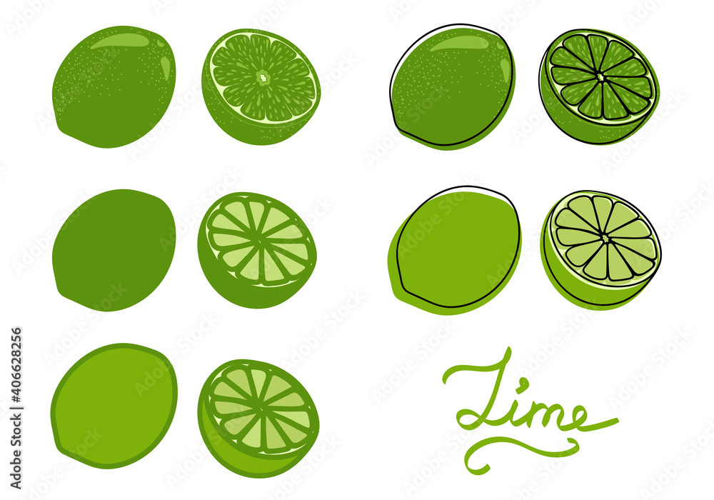 Lime set. Hand drawn citrus fruits. Whole and half a lime. Vector illustration. 