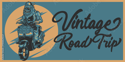 Ferocious gorilla in biker style and goggles in vintage style isolated vector illustration. Vintage primate monkey riding old scooter motorcycle. Good for t-shirt design, poster, sticker, or apparel