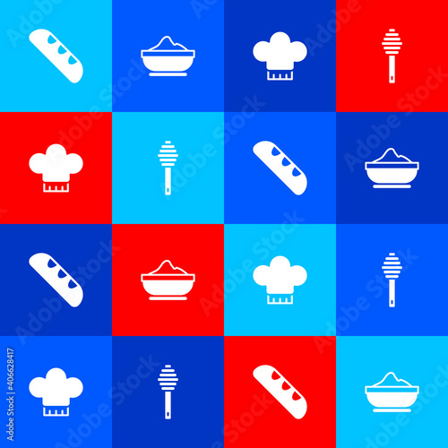 Set French baguette bread, Flour bowl, Chef hat and Honey dipper stick icon. Vector.