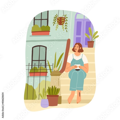 Young woman spending leisure time alone with cup of tea, dreaming, relaxing and enjoying slow life. Calm lazy people resting in solitude. Colored flat vector illustration isolated on white background