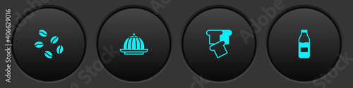 Set Coffee beans, Pudding custard, Bread toast and Bottle with milk icon. Vector.