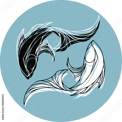 Zodiac sign Pisces. Two fish in a circle. Twin fish yin and yang concept. Design for clothes, dishes, paper, cards, books, tattoo, logo