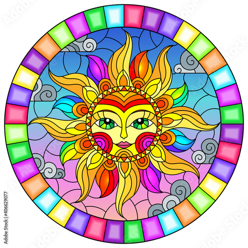 Illustration in the style of a stained glass window with abstract sun in bright frame,round image
