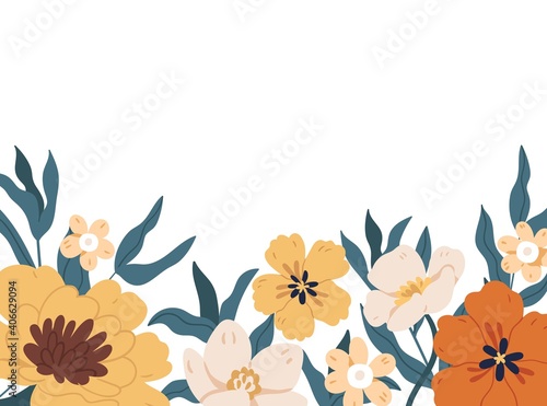 Horizontal botanical backdrop with border of delicate blooming fall flowers. Floral flat vector illustration isolated on white background