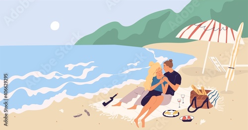 Young couple sitting and relaxing on picnic blanket at seaside. People hugging and drinking wine on beach by sea. Romantic date of man and woman on seashore. Colored flat vector illustration