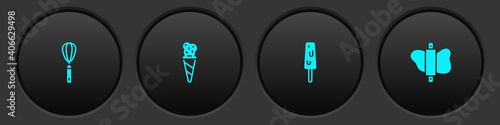 Set Kitchen whisk, Ice cream in waffle cone, and Rolling pin dough icon. Vector.