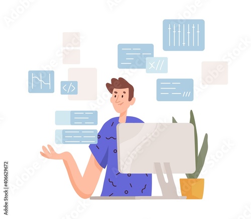 Thoughtful man working at computer. Programmer coding and concerning about solving difficult tasks. Puzzled male character. Colored flat vector illustration isolated on white background