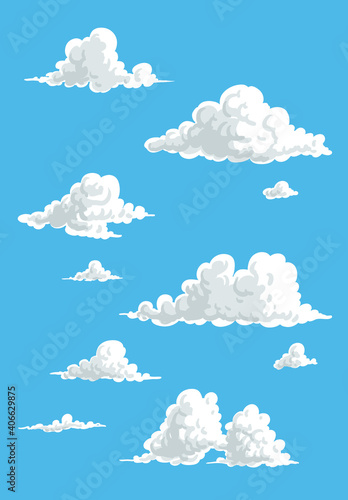 Cartoon cloud vector set. Blue sky with white clouds