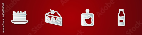 Set Cake, Piece of cake, Cutting board and Bottle with milk icon. Vector.
