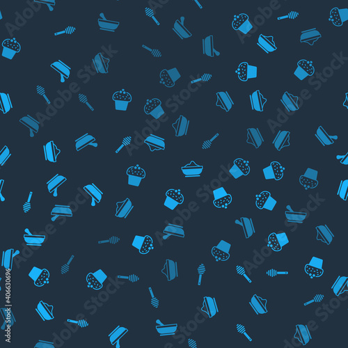 Set Honey dipper stick, Cake, Flour bowl and Mortar and pestle on seamless pattern. Vector.