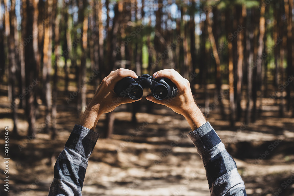 Man looks through binoculars against the background of the forest. Banner. Flat lay, top view Man looks through binoculars against the background of the forest. Banner. Flat lay, top view