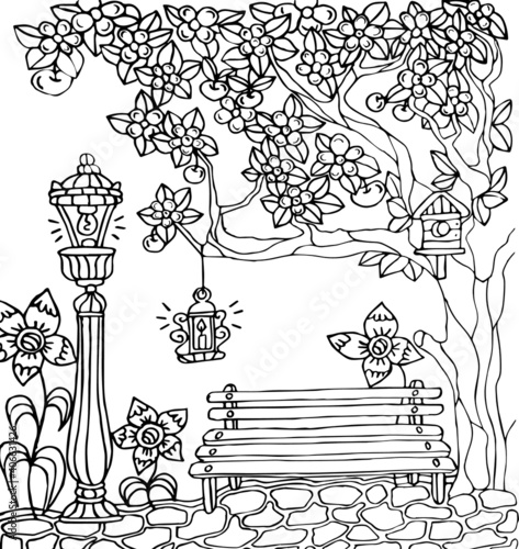 Cozy park. Vector picture for an album with coloring pages
