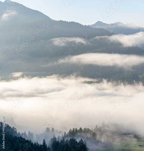 Heavy fog over Gaicht Austria village in morning hour