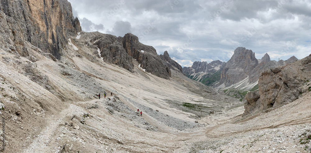 Passo Principe alpine refuge in the Rosengarten group in the Dolomites, a mountain range in northeastern Italy