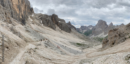 Passo Principe alpine refuge in the Rosengarten group in the Dolomites, a mountain range in northeastern Italy