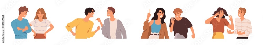 Set of angry people during conflicts and quarrels. Couples and friends brawling and shouting at each other. Collection of aggressive men and women. Colored flat vector illustration isolated on white Set of angry people during conflicts and quarrels. Couples and friends brawling and shouting at each other. Collection of aggressive men and women. Colored flat vector illustration isolated on white