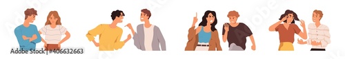 Set of angry people during conflicts and quarrels. Couples and friends brawling and shouting at each other. Collection of aggressive men and women. Colored flat vector illustration isolated on white