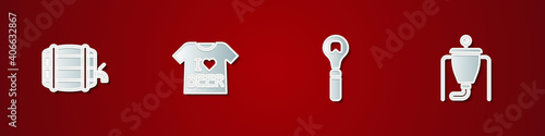 Set Wooden barrel on rack, Beer T-shirt, Bottle opener and brewing process icon. Vector.