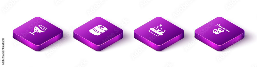 Set Isometric Glass of beer, Metal keg, Conveyor band, and Signboard with glass icon. Vector. Set Isometric Glass of beer, Metal keg, Conveyor band, and Signboard with glass icon. Vector.